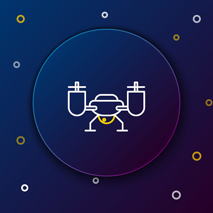 Line Drone flying with action video camera icon isolated on blue background. Quadrocopter with video and photo camera symbol. Colorful outline concept. Vector