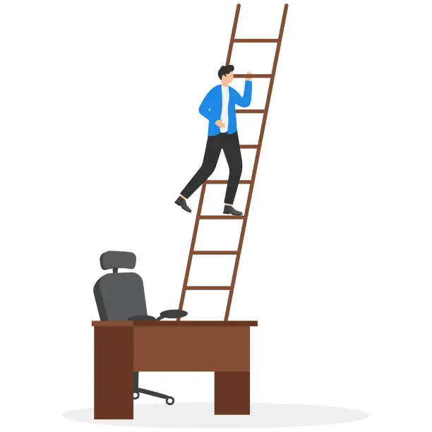 Vector illustration of Career path or job promotion, occupation or ladder of success, growth step or progress to achieve goal, challenge and ambition concept, businessman climb up ladder from his working desk to higher level.