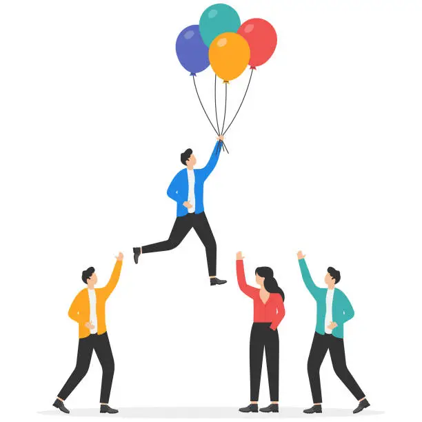 Vector illustration of Innovation or stand out skill is different from others, success leader with winning strategy concept, smart businessman flying with balloon suit over other competitor or recruiting candidates.