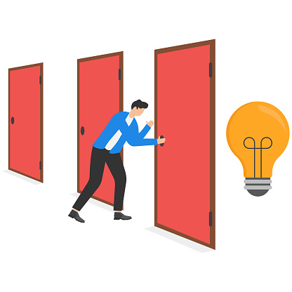 Banner Detecting Signs in new Object or Idea. Man Stands among Closed Doors. Guy Inserts Key into Keyhole. Choosing Path to Successful Idea. Behind Doors is Large Luminous Bulb, Slide.