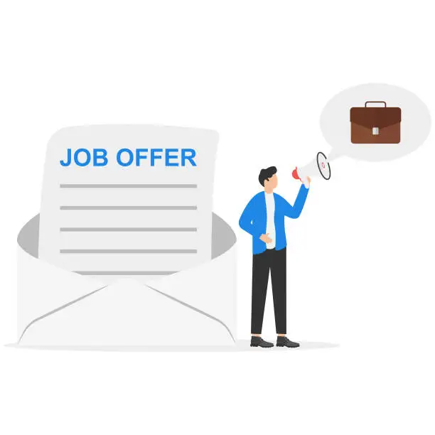 Vector illustration of Job offer or new opportunity, career promotion or decision to change to new office, employment or recruitment, vacancy or hiring concept, businessman on email envelope offer new job to candidate.