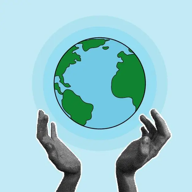 Vector illustration of World environment day, template. Modern collage with halftone hands supporting earth. We protect the Earth with human hands. Earth Day.