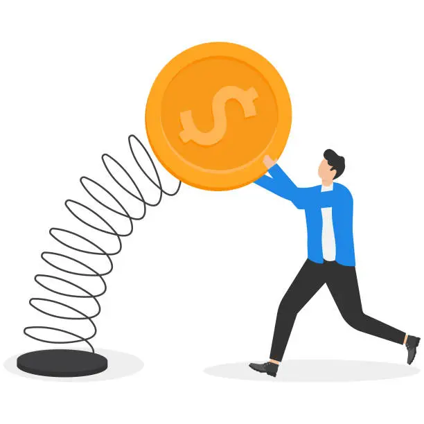 Vector illustration of Stock market volatility and fluctuation, market swing by greed and fear of investor or financial investment risk concept, businessman investor trying to grab and pull dollar money sign tie with spring