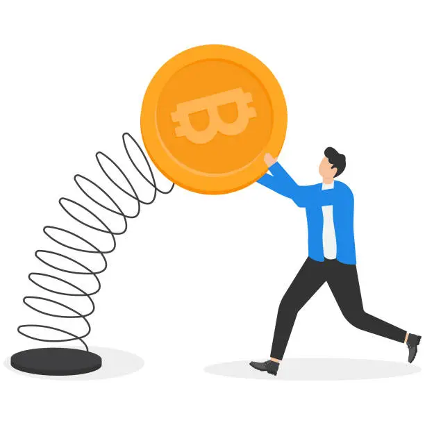 Vector illustration of Bitcoin and cryptocurrency volatility, investment and speculation risk, price fluctuation and uncertainty, crypto value swing up and down, businessman trader holding swing unstable Bitcoin symbol.