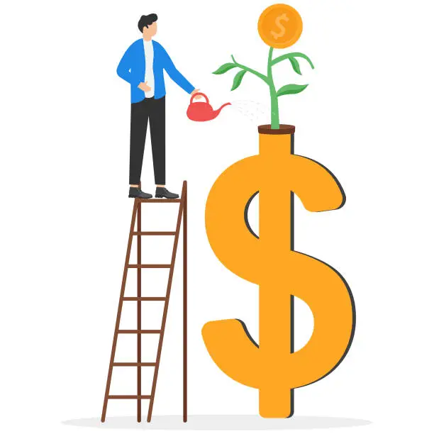 Vector illustration of Money growth, growing investment profit or retirement pension fund, increase wealth and earning, income or revenue concept, businessman watering growing seedlings with dollar money coin flower.