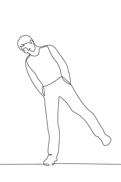 Vector illustration of man stands on one leg leaning to the side with his hands in his pockets - one line drawing vector.  concept of balancing on one leg, bending over informally to look at something