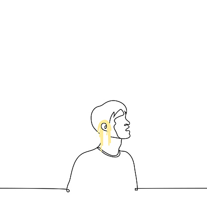 man with noodles on his ears - one line drawing vector. male portrait with open mouth and spaghetti hanging from the ears. concept to be fooled, deceived by a fool