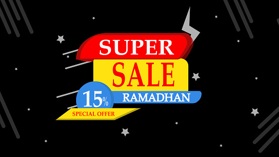 ramadan special offer sale vector template with percent sale label symbol, flat icon of discount promotion with discount up to 15%.
