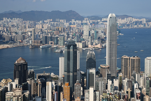 Hong Kong cityscape and Victoria Harbour, viewed from lugard road on the famous Victoria Peak.