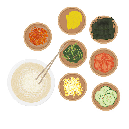Vector illustration Korean side dish or banchan with rice