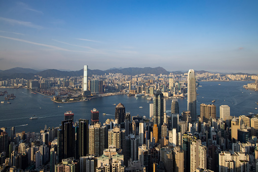 A scenic photograph of the Hong Kong skyline.
