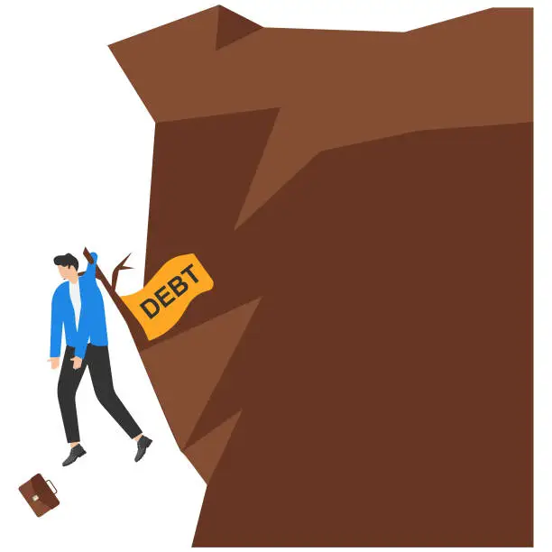 Vector illustration of Businessman fell from a ravine stuck in a tree trunk with the flag DEBT word. Bankrupt helped by debt concept vector illustration