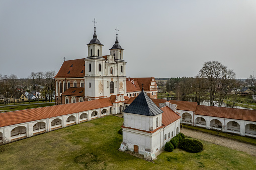 Aerial spring view of sunny Tytuvėnai Monastery, Lithuania