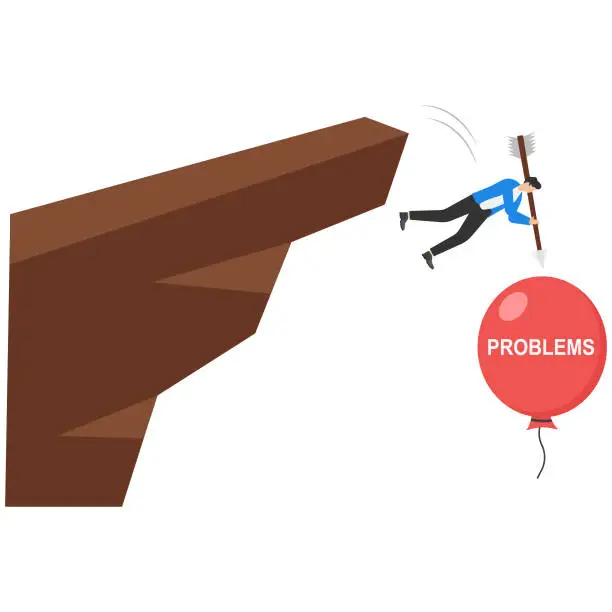 Vector illustration of Businessman jumping from the cliff to pop the red balloon with word PROBLEMS. Solve the problems concept vector illustration