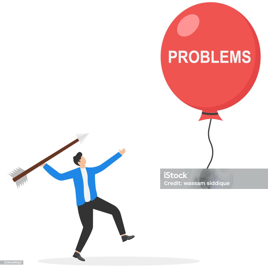 Problem Scale Balloons Businessman Jumping From The Cliff To Pop The Red Balloon With Word ...