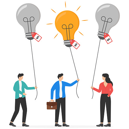 Businessmen holding a light bulb with one is brightest. Human resources selecting the best employee with full of ideas vector illustration