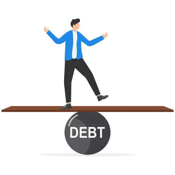 Vector illustration of Businessman trying to balance on debt ball and seesaw design vector illustration