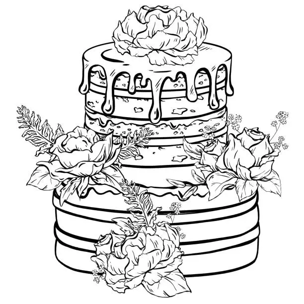 Vector illustration of A monochrome illustration of a cake adorned with flowers on top