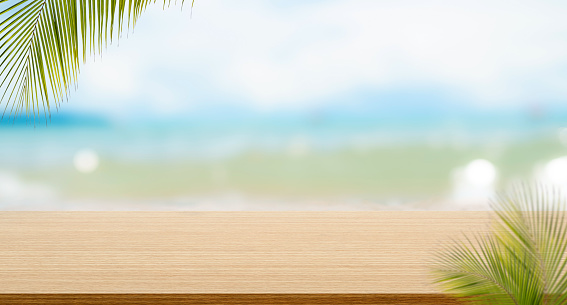 Summer Travel Background, Wood Table on blur Bokeh Sea Blue Sky, Top Deck Mockup Product Beauty Cosmetic Presentation, Stage on Water Island at Coast Backdrop Tourism Relax Vacation,Tropical Ocean.