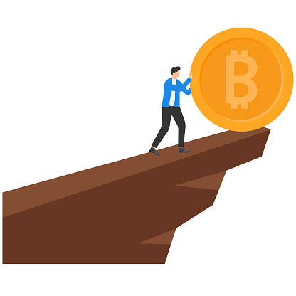 Businessman rolls giant bitcoin on the edge of cliff vector illustration