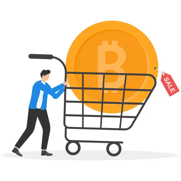 Vector illustration of Buying Bitcoin on sale when cryptocurrency price crash to make profit concept, smart man buying or purchasing crypto currency Bitcoin in shopping cart trolley to speculate earning in the future.