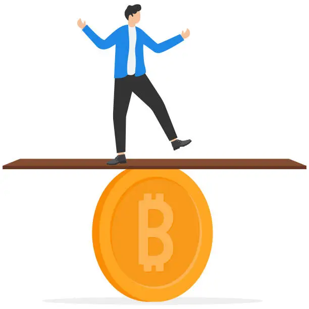 Vector illustration of Bitcoin and crypto investment risk, balance between risk and return, cryptocurrency challenge to overcome volatility and make profit concept, businessman investor balancing as acrobat on giant bitcoin