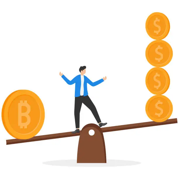 Vector illustration of Bitcoin and crypto currency store of value compared to dollar money, inflation reduce value or investment asset choices concept, businessman investor stand with Bitcoin seesaw Dollar money coins.