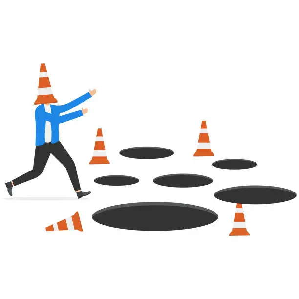 Vector illustration of Blind and frustrated business direction, mistake or failure, trap or crisis ahead, risk and uncertainty concept, blindfold businessman cover with pylon walking to fall into the hole or business trap.