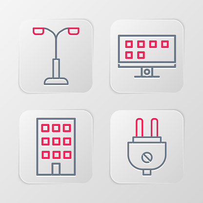 Set line Electric plug House Smart Tv and Street light icon. Vector.