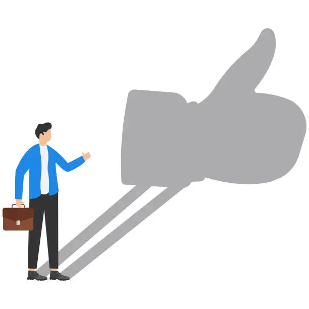 Vector illustration of Self-encouragement, confidence in your own potential, thinking proud of yourself concept, Businessman seeing his silhouette as a thumbs up sign.