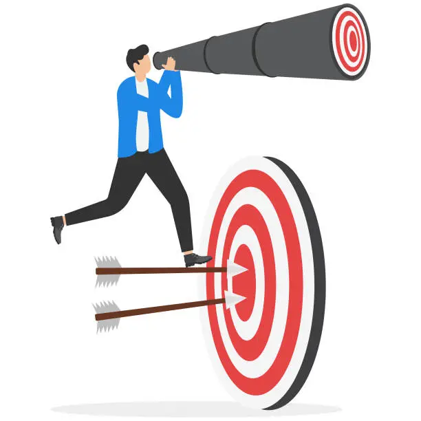 Vector illustration of Searching for new target, ambition to meet next challenge, business vision for future mission concept, Businessman standing on archery target that was hitted at bullseye looking for new target.
