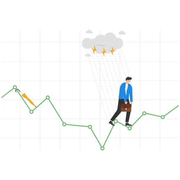 Vector illustration of Wrong speculation in stock market, financial loss from incorrect forecasting, investment volatility concept, Businessman getting wet in rain while standing on stock graph without umbrella.