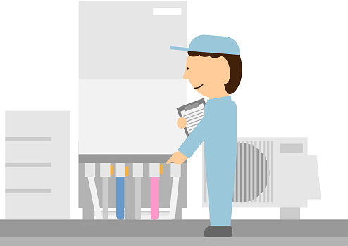 Image material of a person wearing work clothes inspecting a water heater