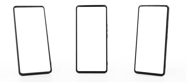 istock Three black smartphone with white screens. The smartphone are all empty. 2134514690