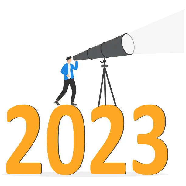 Vector illustration of Year 2023 outlook, business opportunity or new challenge ahead, vision to make a decision or move forward, plan and perspective concept, confidence businessman look through telescope on year 2023.