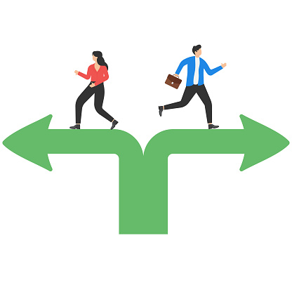 Breakup of business partner, project team dissolution, conflict of interest, disagreement of opinion concept, Businessman and businesswoman walking in opposite directions of split arrow.