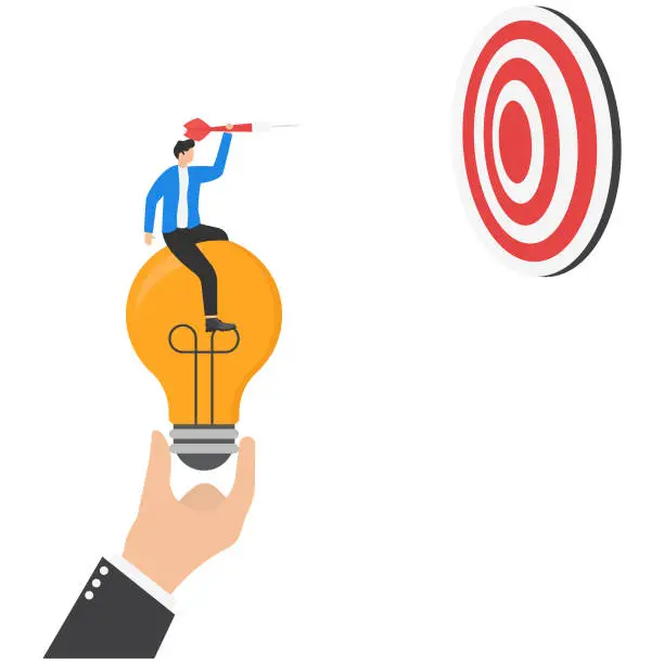 Vector illustration of Supporting idea to reach target, consulting for creativity of employee at work concept, Manager hand holding light bulb to support businessman throwing dart into dartboard.