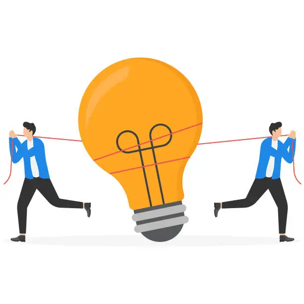 Vector illustration of Scramble for business idea, intellectual property conflict, legal dispute regarding infringement of patent or trade secret concept, Businessman's dragging idea light bulb in opposite direction.