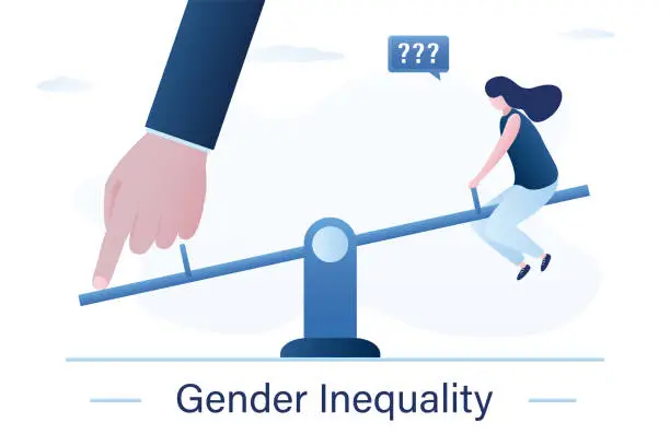 Vector illustration of Gender inequality. Businessman hand tilts the swing to his side. Sexual inequality. Sexism, discrimination concept. Woman sitting on an unbalanced seesaw.