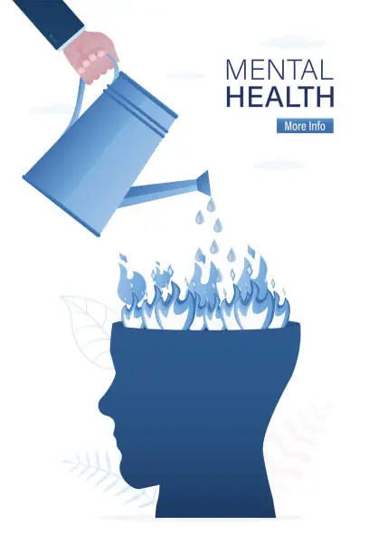 Vector illustration of Doctor hand uses watering can try to extinguish burning fire in human head. Therapy to cool down burning mind or anger, reduce burnout or mental illness, depression, cure anxiety.