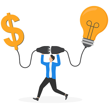 Venture capital or financial support for startup and entrepreneur company, make money idea or idea pitching for fund raising concept, businessman and woman connect lightbulb with money dollar sign.