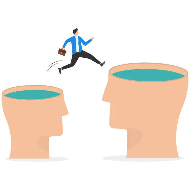 Vector illustration of Change or move to better opportunity, entrepreneurship, escape from comfort zone or safe zone, determination or new challenge concept, confident businessman jump from small fishbowl to the better one.