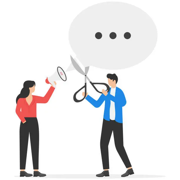 Vector illustration of Right to speak, freedom of speech or truth or negative censorship, delete or remove opponent opinion, government and politics concept, mystery man using paint removing or censor woman speech bubble.