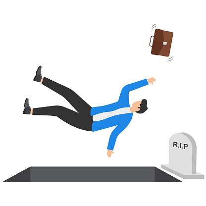 Man falling into the tomb. Death and crisis concept. Vector illustration.