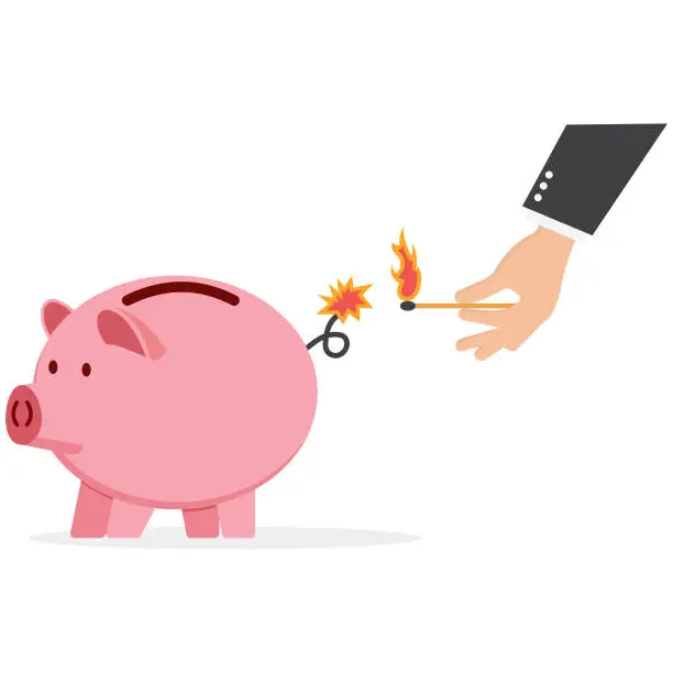 Vector illustration of Hand lighting the fuse of piggy bank. Crisis and inflation concept, Vector illustration.