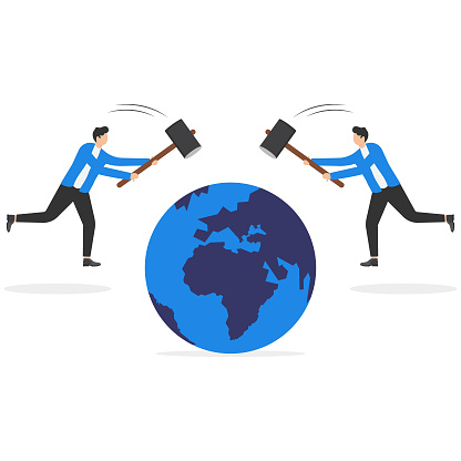 Two politics trying to destroy the planet. Men with hammers breaking Earth. Global conflict, nuclear war and ecological disaster concept. Modern style vector illustration.