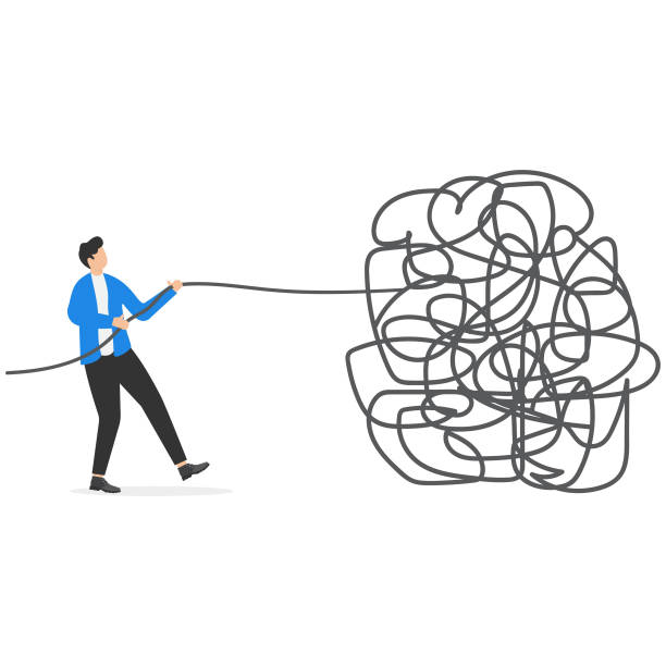 istock Businessman unraveling tangled rope. Difficult problem, chaos and mess vector business concept 2134573053