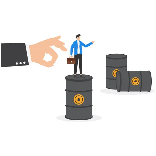 Vector illustration of Giant hand flicking manager standing on oil barrel. Economy and energy crisis concept. Vector illustration.