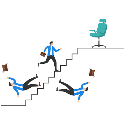Manager pushing concurrents down the career ladder. Competition concept. Vector illustration.