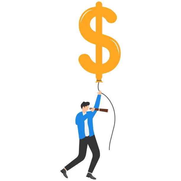 Vector illustration of Businessman flying on a balloon in the shape of a dollar. Startup and investment concept. Vector illustration.